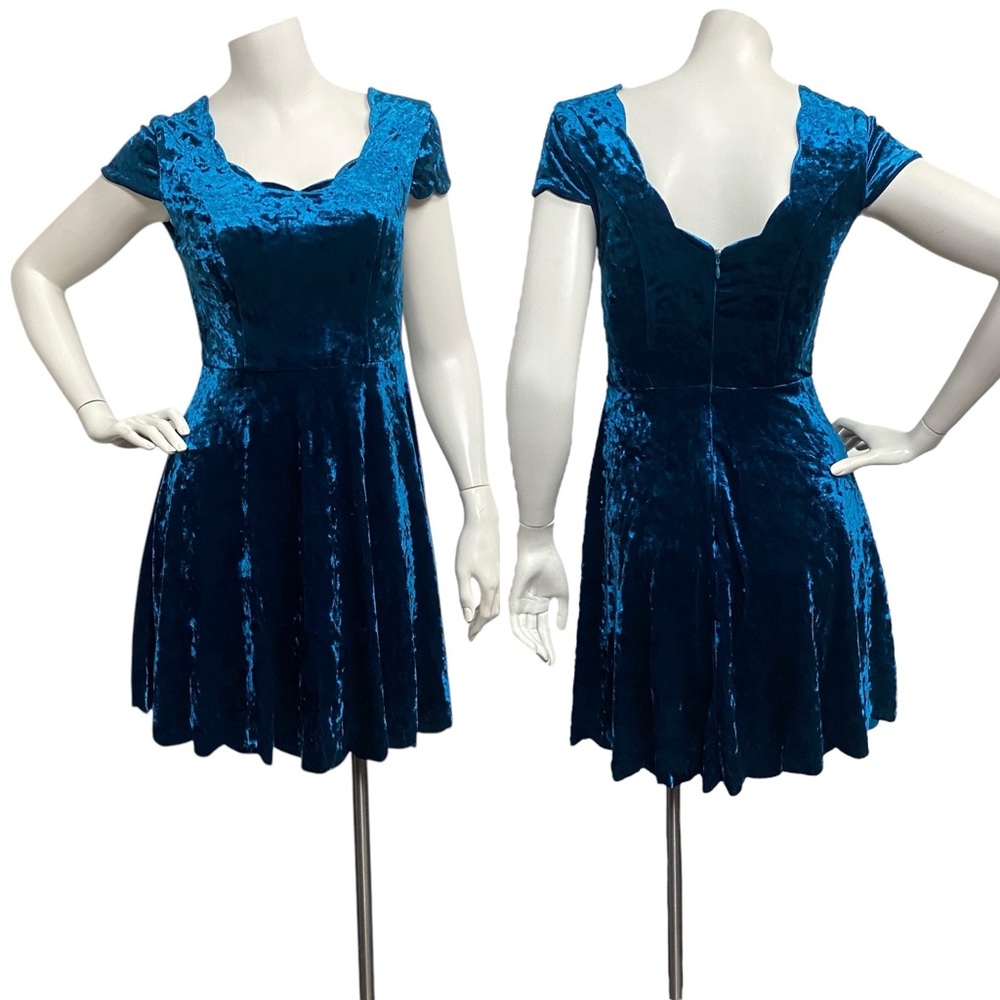 Altar'd State Small Blue Velvet Mini Dress Scallop Hem Babydoll Fit Flare
